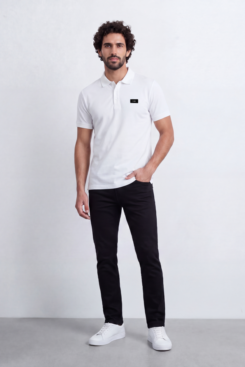 Men's Tomato Store Cotton Pique Polo T-Shirt Minimal Chest Badge Three-Button Placket Clean Collar Detail Tailored Slim Fit