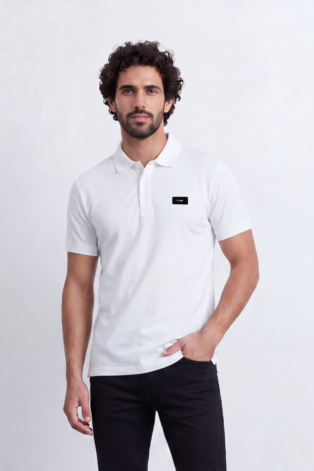 Men's Tomato Store Cotton Pique Polo T-Shirt Minimal Chest Badge Three-Button Placket Clean Collar Detail Tailored Slim Fit