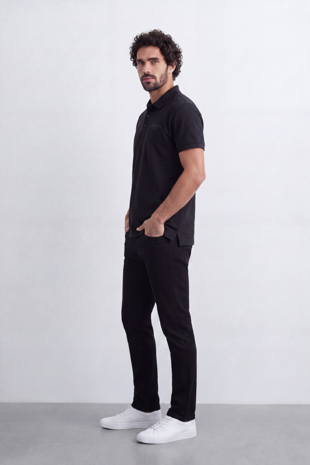 Men’s Tomato Store Signature Slim Fit Polo T-Shirt Tonal Chest Embroidery Button Placket Plain Surface Side Slit Hem Smart Casual Mood