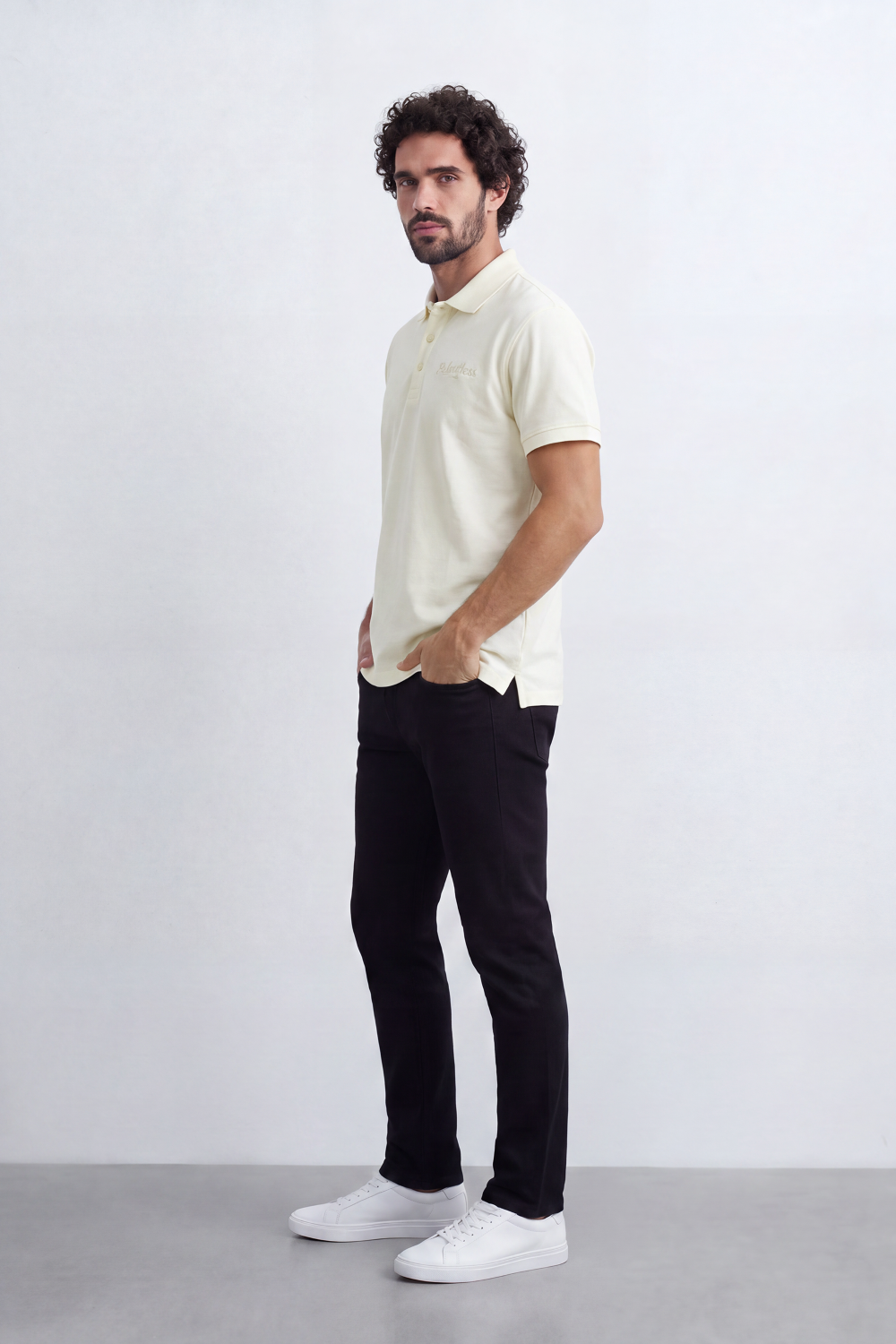Men’s Tomato Store Signature Slim Fit Polo T-Shirt Tonal Chest Embroidery Button Placket Plain Surface Side Slit Hem Smart Casual Mood