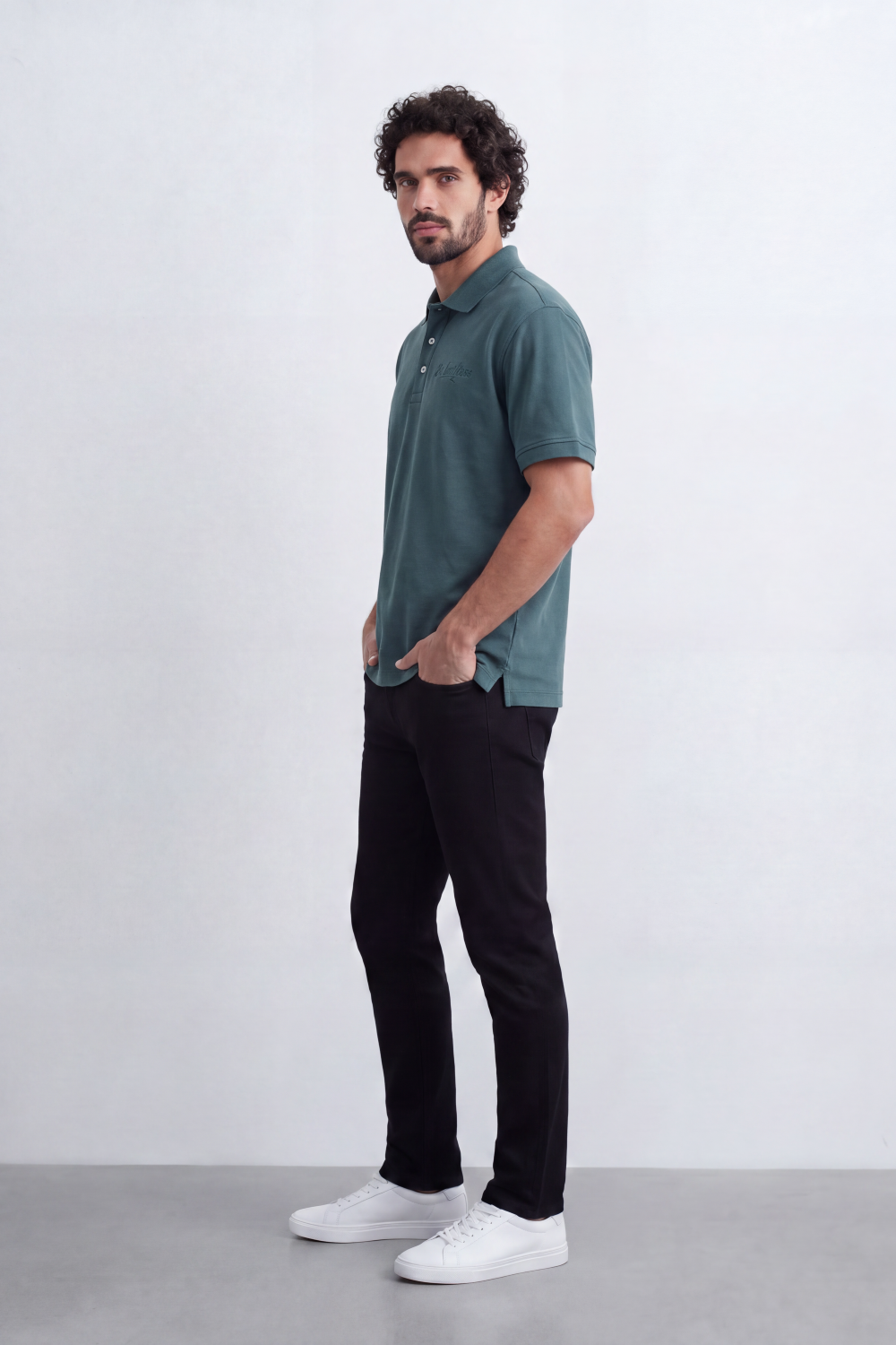 Men’s Tomato Store Signature Slim Fit Polo T-Shirt Tonal Chest Embroidery Button Placket Plain Surface Side Slit Hem Smart Casual Mood