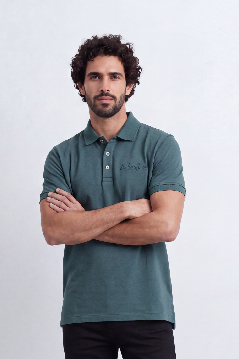 Men’s Tomato Store Signature Slim Fit Polo T-Shirt Tonal Chest Embroidery Button Placket Plain Surface Side Slit Hem Smart Casual Mood