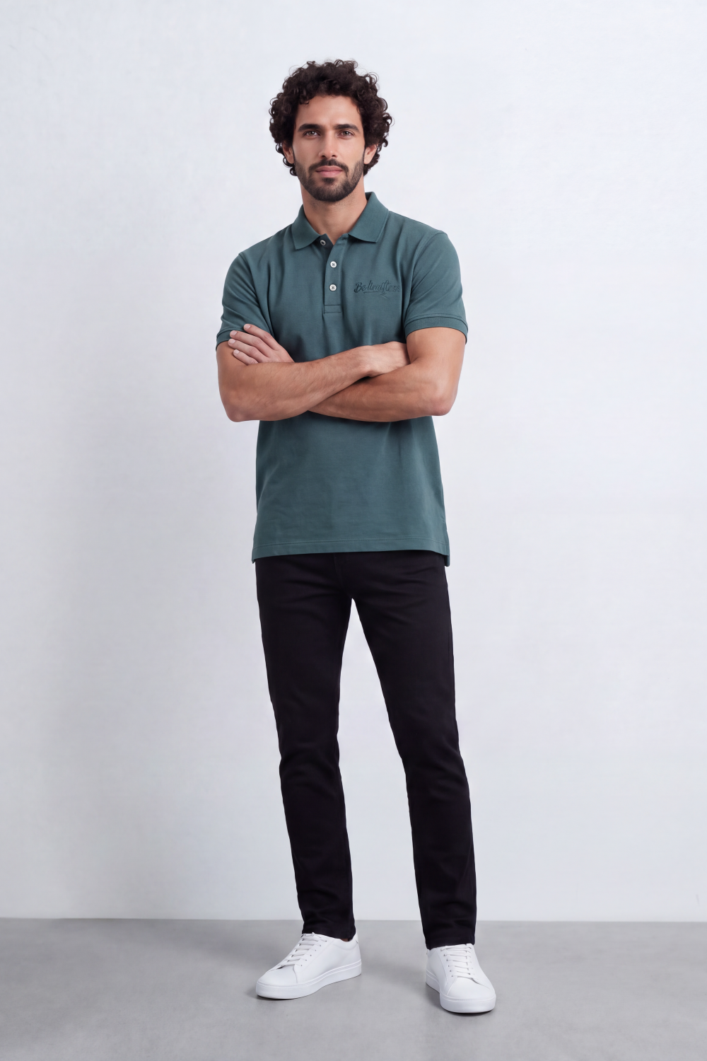 Men’s Tomato Store Signature Slim Fit Polo T-Shirt Tonal Chest Embroidery Button Placket Plain Surface Side Slit Hem Smart Casual Mood