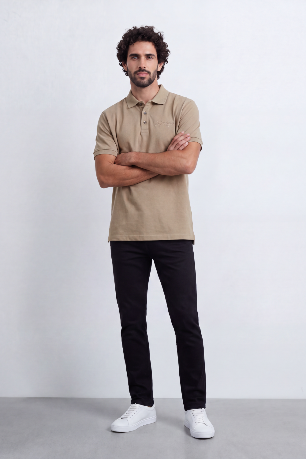 Men’s Tomato Store Signature Slim Fit Polo T-Shirt Tonal Chest Embroidery Button Placket Plain Surface Side Slit Hem Smart Casual Mood