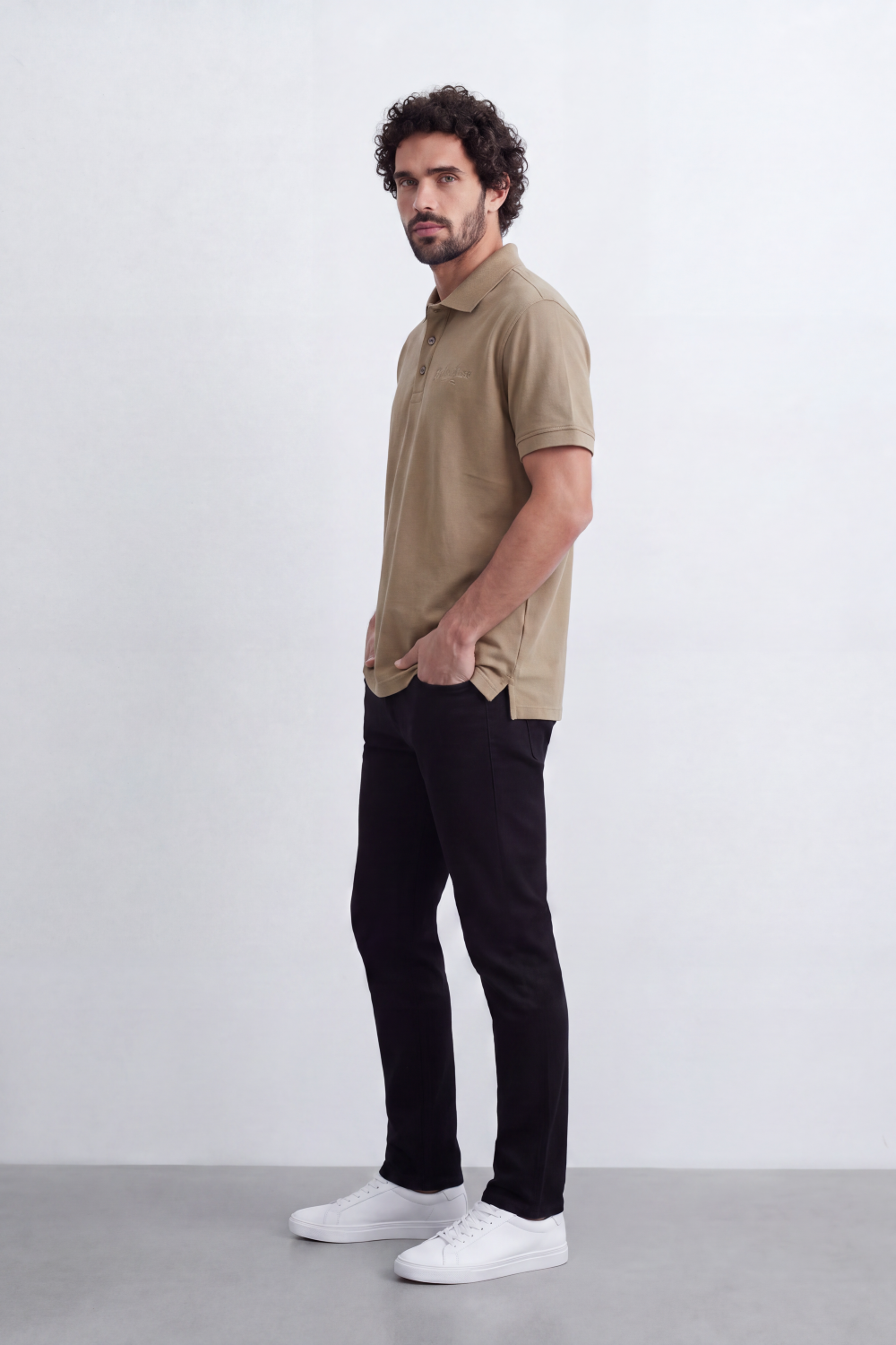 Men’s Tomato Store Signature Slim Fit Polo T-Shirt Tonal Chest Embroidery Button Placket Plain Surface Side Slit Hem Smart Casual Mood