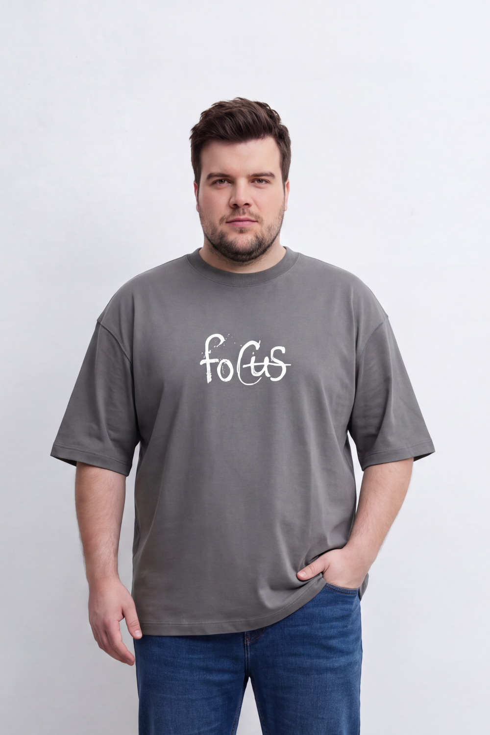 Men's Tomato Store Big Size Graphic T-Shirt Handwritten Focus Typography Drop Shoulder Box Fit