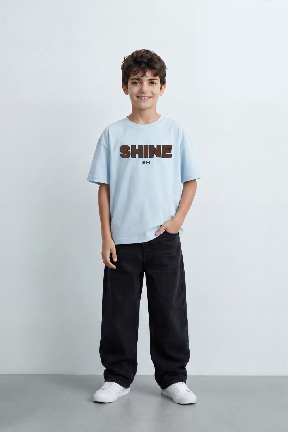 Boy's Tomato Store Shine Club T-Shirt Clean Plain Body Front Bold Shine Typography Print Shadow Fill Effect Small 1994 Detail Oversized