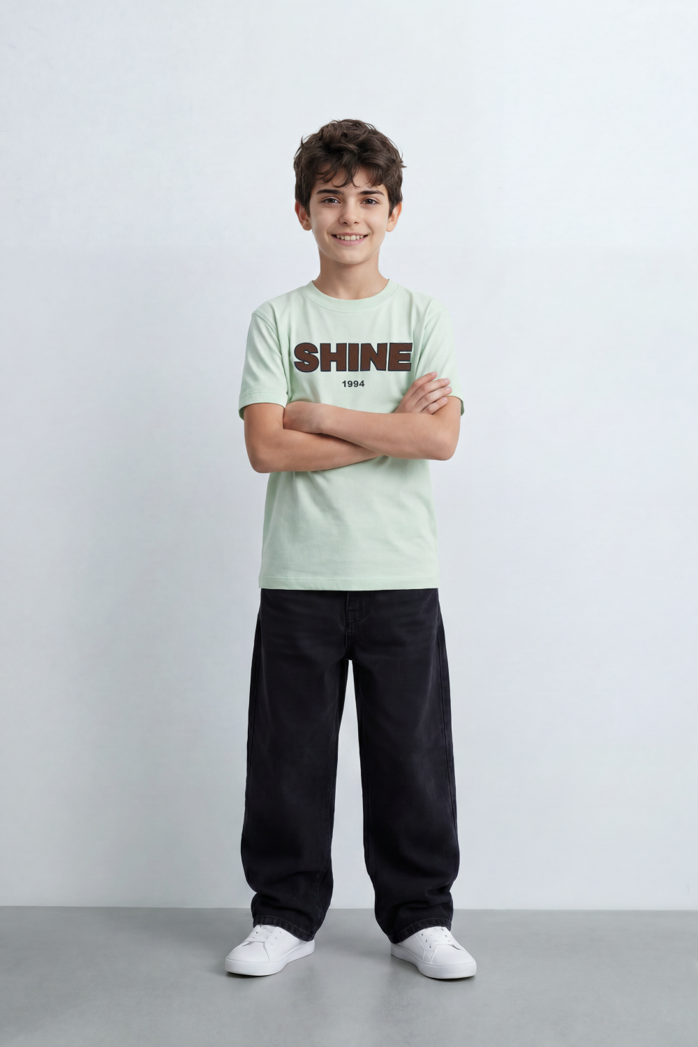 Boy's Tomato Store Shine Club T-Shirt Clean Plain Body Front Bold Shine Typography Print Shadow Fill Effect Small 1994 Detail Oversized