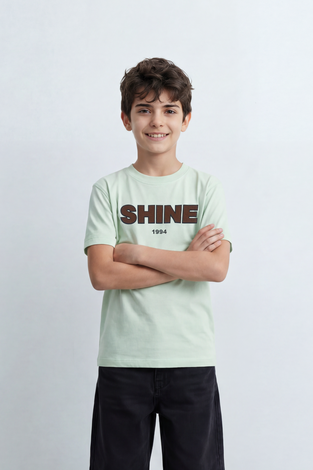 Boy's Tomato Store Shine Club T-Shirt Clean Plain Body Front Bold Shine Typography Print Shadow Fill Effect Small 1994 Detail Oversized