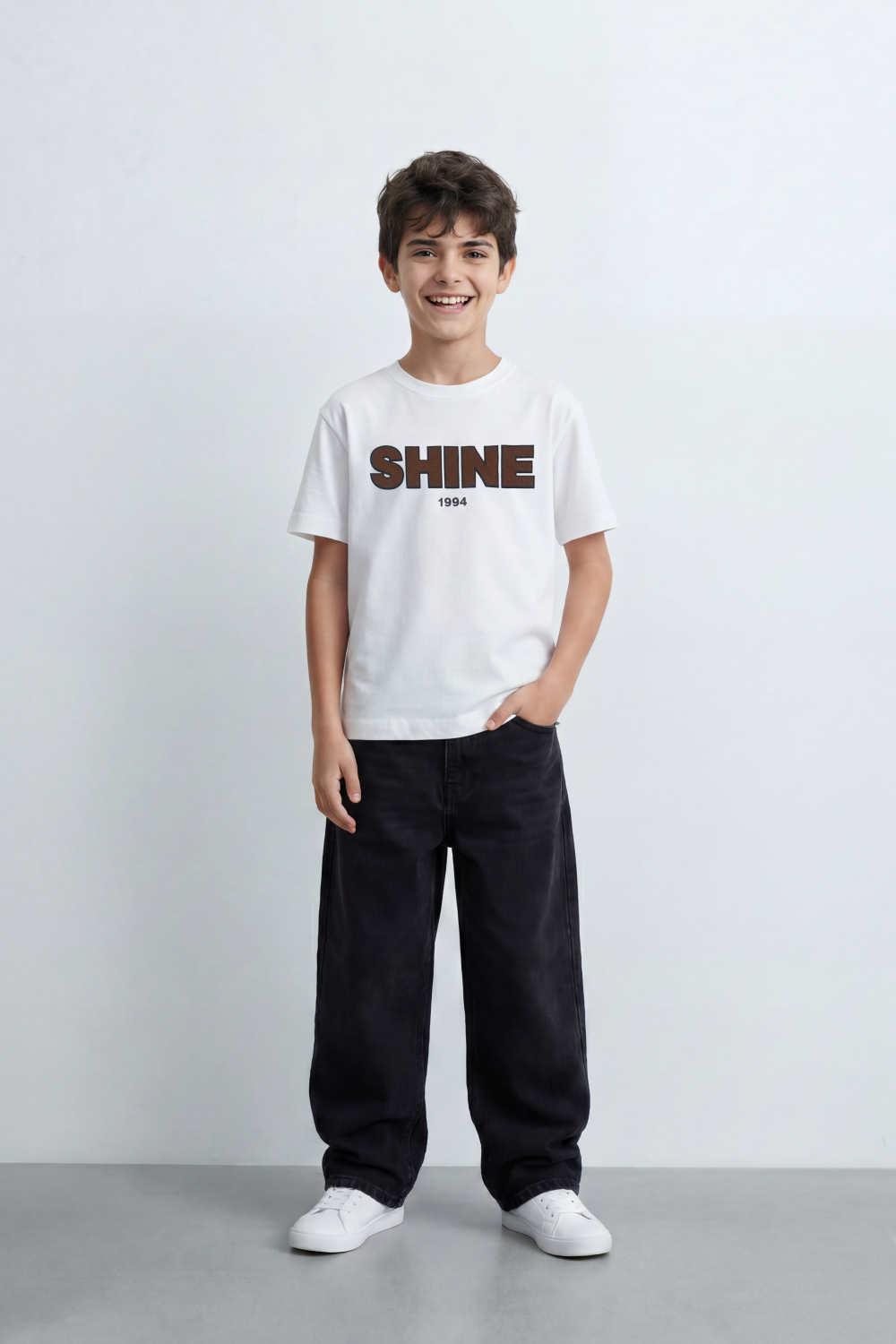 Boy's Tomato Store Shine Club T-Shirt Clean Plain Body Front Bold Shine Typography Print Shadow Fill Effect Small 1994 Detail Oversized