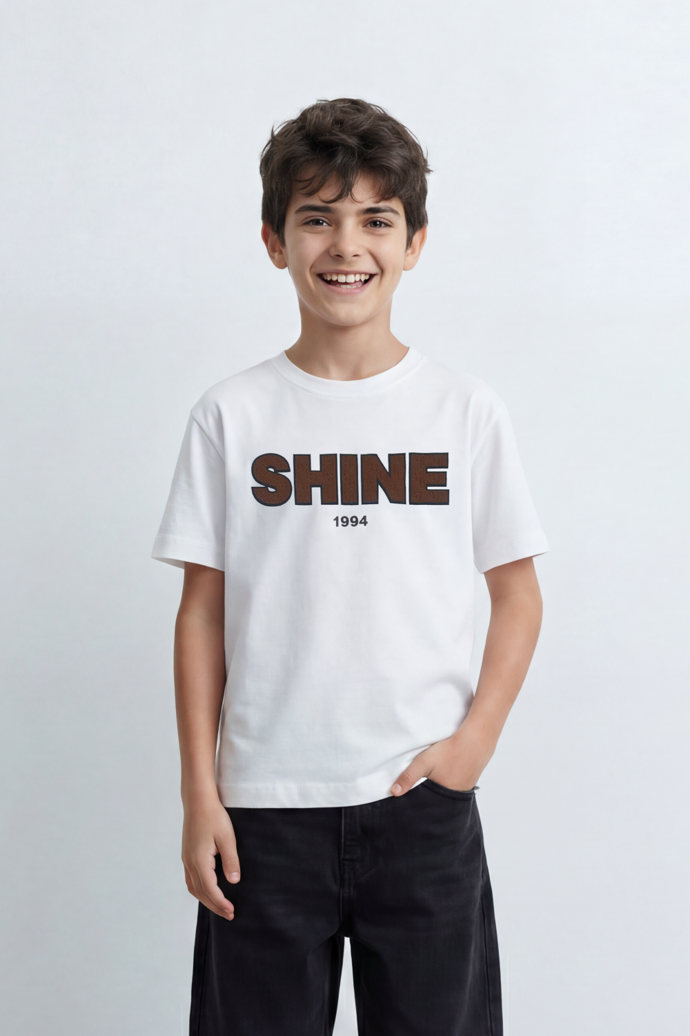 Boy's Tomato Store Shine Club T-Shirt Clean Plain Body Front Bold Shine Typography Print Shadow Fill Effect Small 1994 Detail Oversized