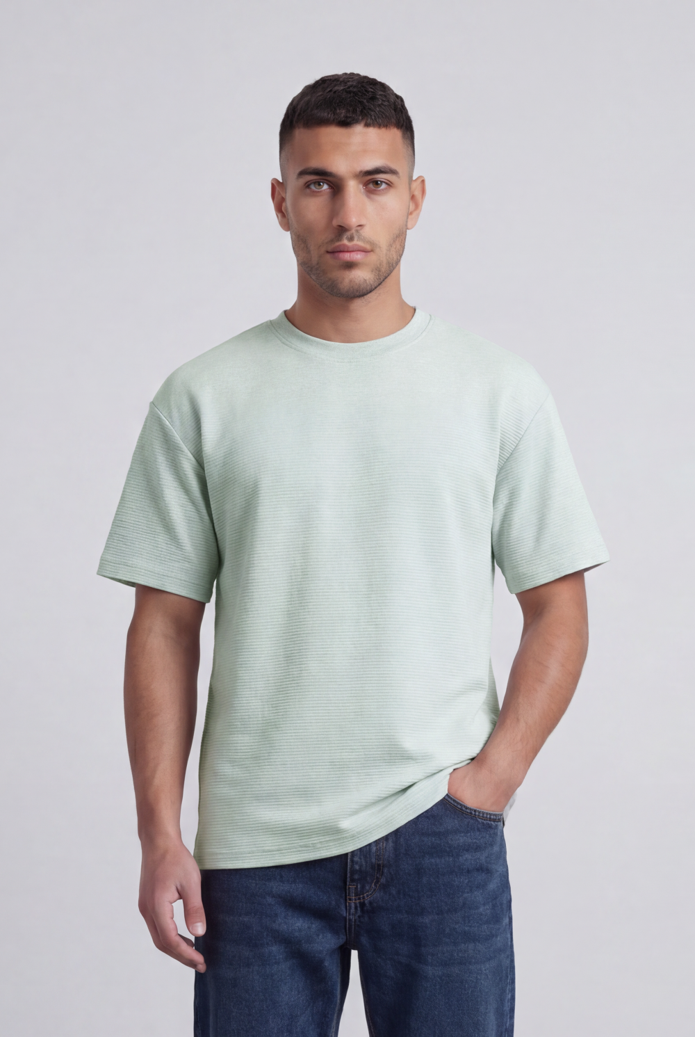 Men’s Tomato Store Fine Rib Texture T-Shirt Shaped Crew Neck Drop Shoulder Oversized Fit