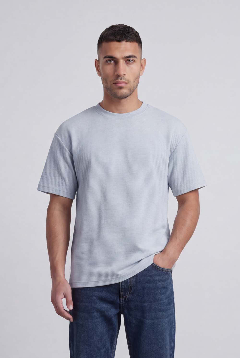 Men’s Tomato Store Fine Rib Texture T-Shirt Shaped Crew Neck Drop Shoulder Oversized Fit