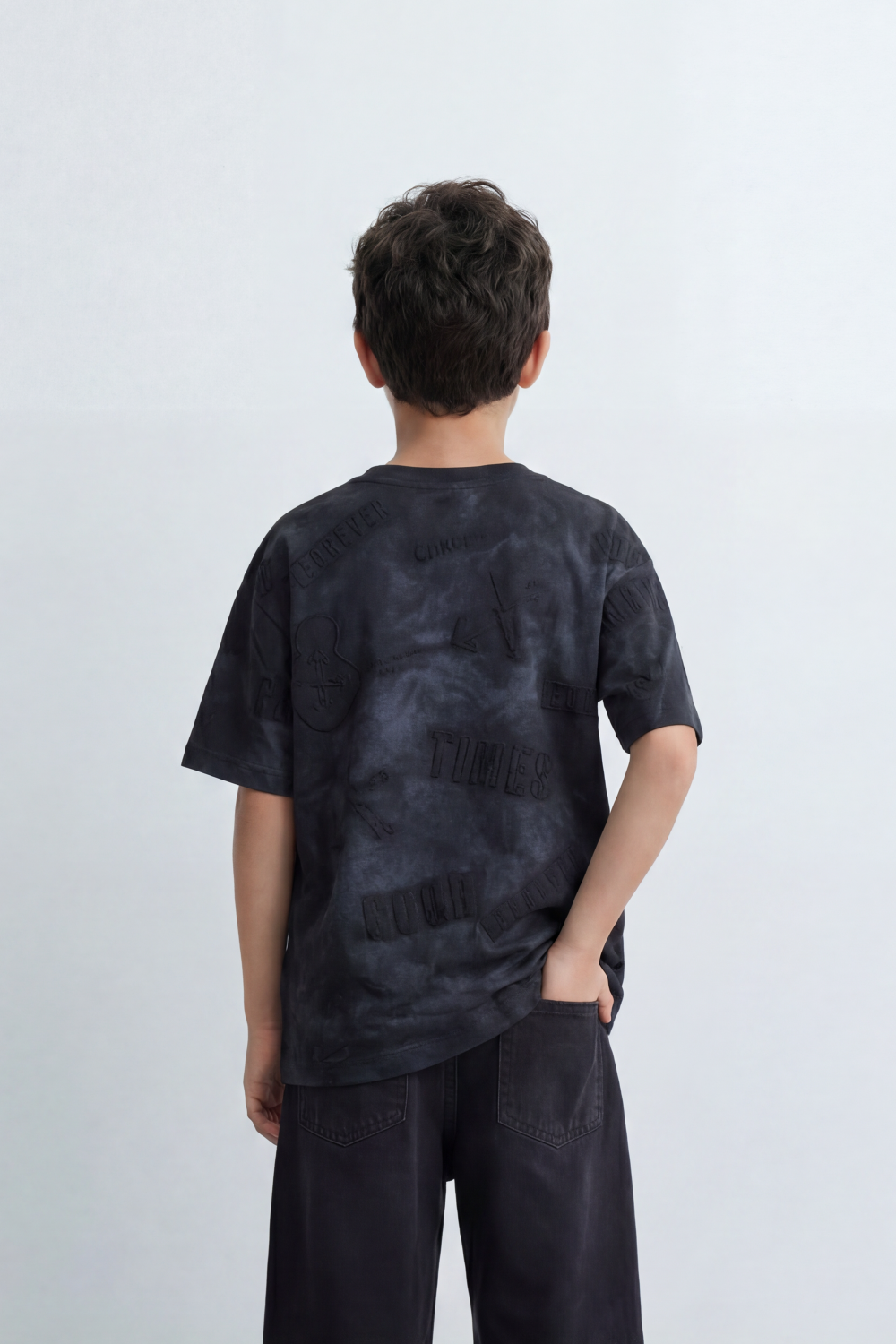 Boy's Tomato Store Night Archive T-Shirt Cloudy Wash Texture Allover Tonal Stamp Typography Scattered Body Artwork Oversized
