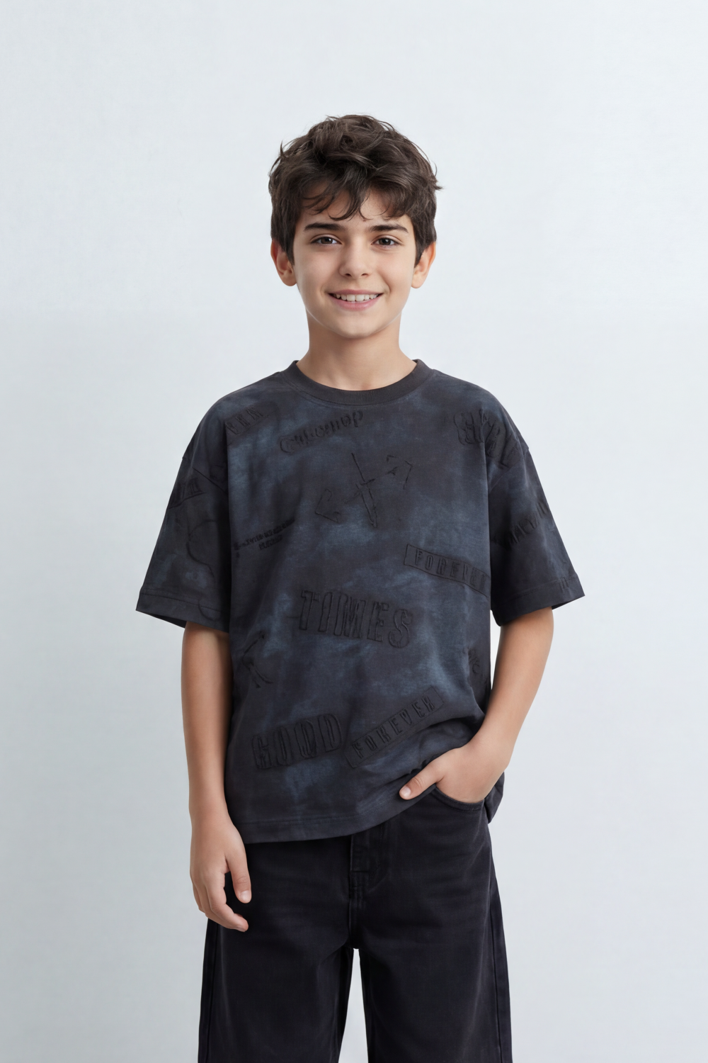 Boy's Tomato Store Night Archive T-Shirt Cloudy Wash Texture Allover Tonal Stamp Typography Scattered Body Artwork Oversized