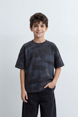 Boy's Tomato Store Night Archive T-Shirt Cloudy Wash Texture Allover Tonal Stamp Typography Scattered Body Artwork Oversized
