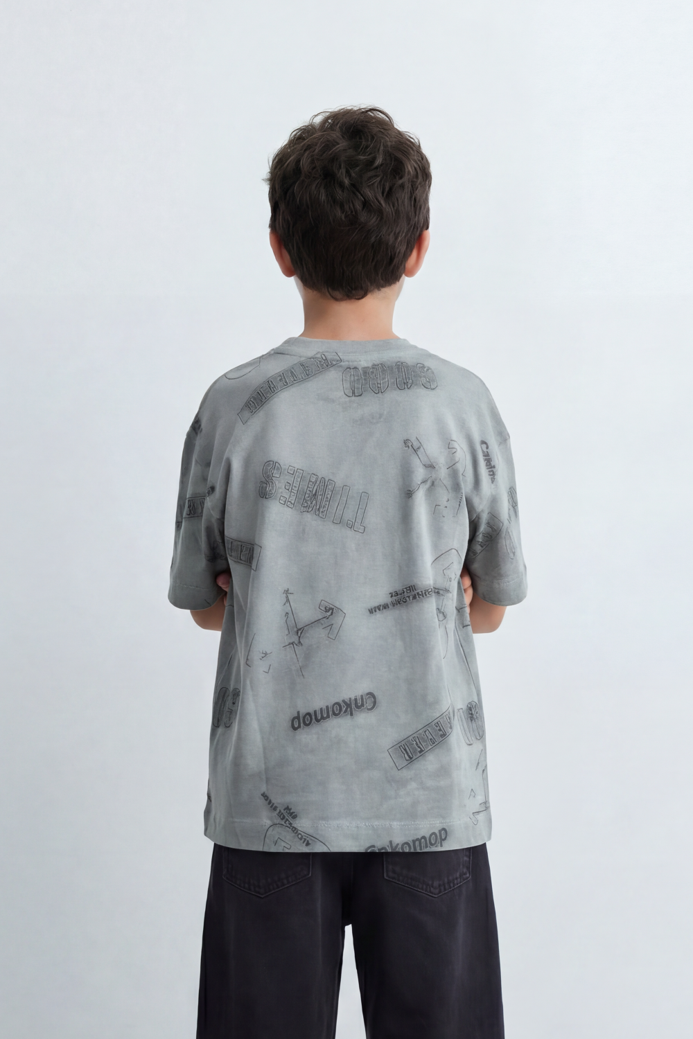Boy's Tomato Store Night Archive T-Shirt Cloudy Wash Texture Allover Tonal Stamp Typography Scattered Body Artwork Oversized