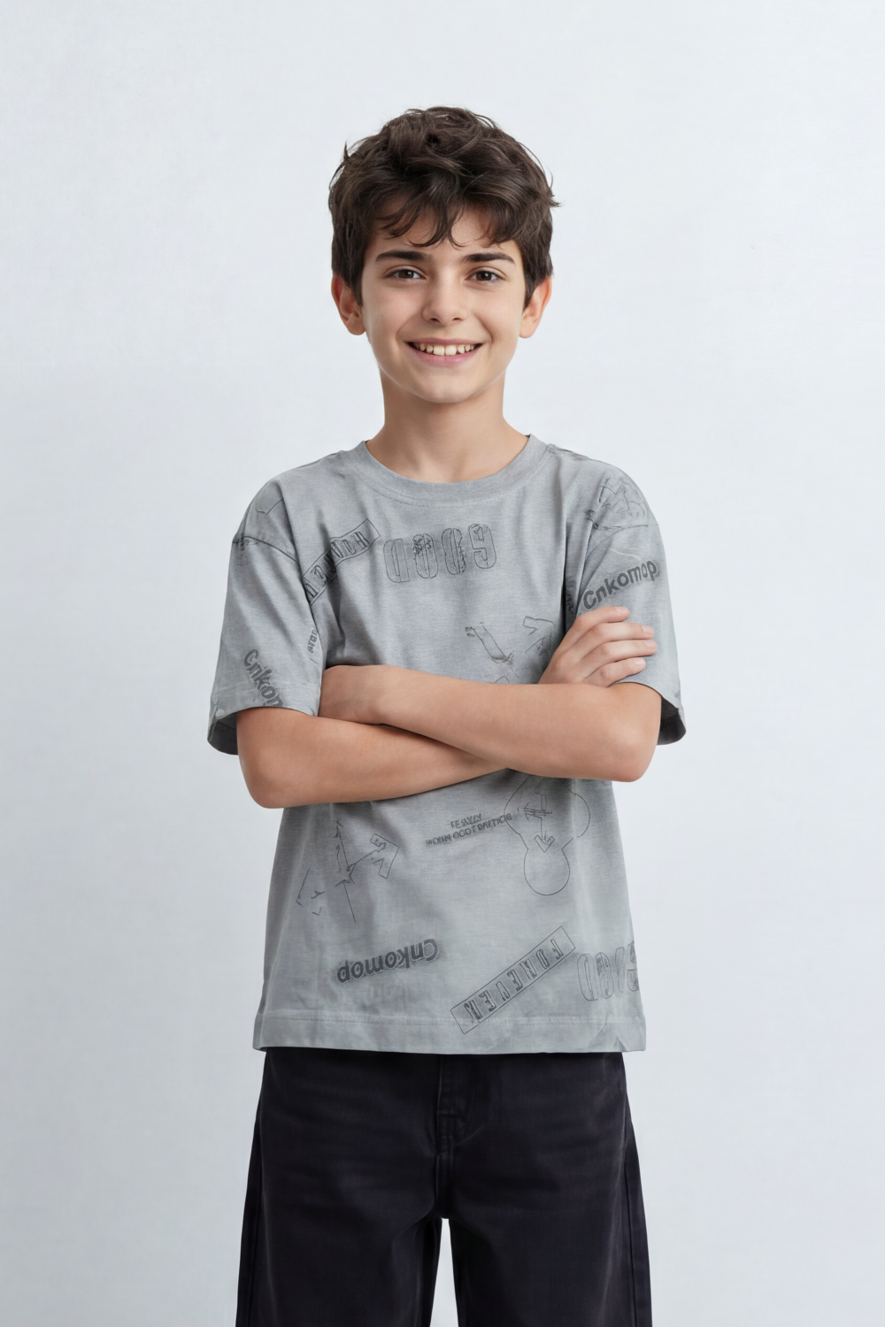 Boy's Tomato Store Night Archive T-Shirt Cloudy Wash Texture Allover Tonal Stamp Typography Scattered Body Artwork Oversized