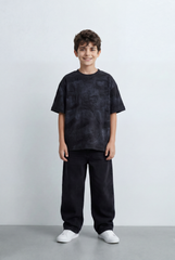 Boy's Tomato Store Night Archive T-Shirt Cloudy Wash Texture Allover Tonal Stamp Typography Scattered Body Artwork Oversized