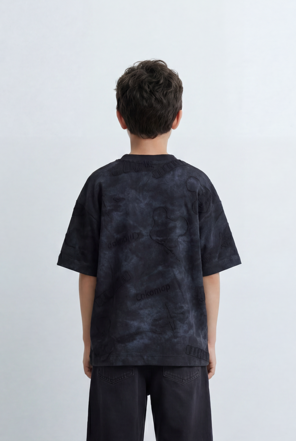 Boy's Tomato Store Night Archive T-Shirt Cloudy Wash Texture Allover Tonal Stamp Typography Scattered Body Artwork Oversized