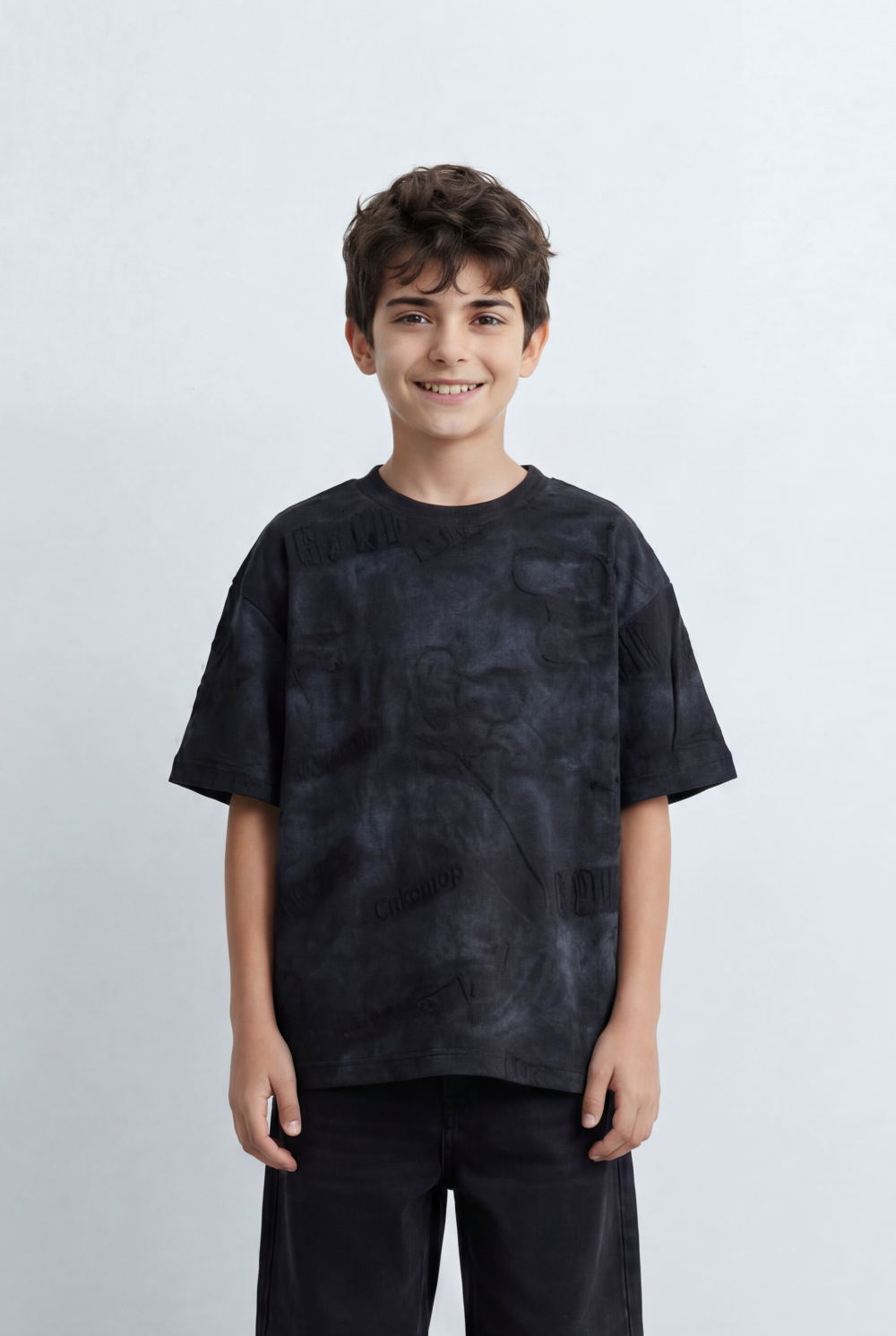 Boy's Tomato Store Night Archive T-Shirt Cloudy Wash Texture Allover Tonal Stamp Typography Scattered Body Artwork Oversized