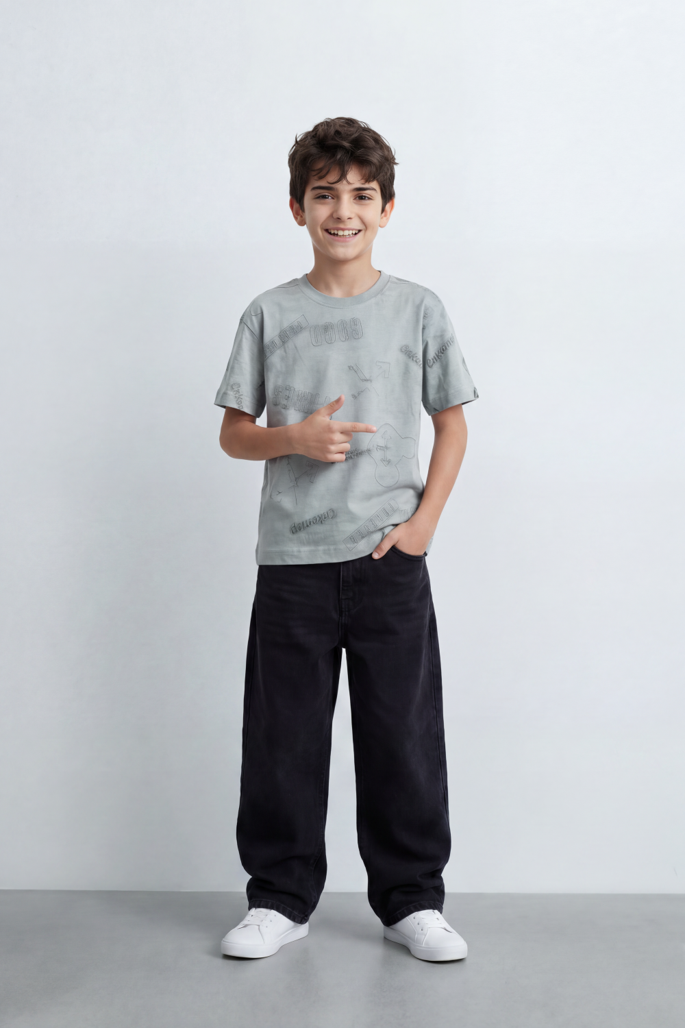 Boy's Tomato Store Night Archive T-Shirt Cloudy Wash Texture Allover Tonal Stamp Typography Scattered Body Artwork Oversized