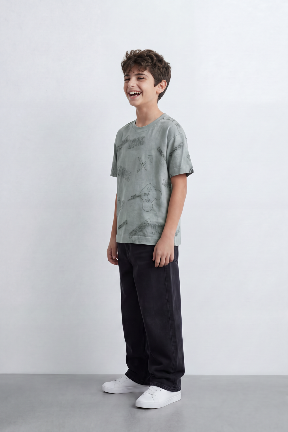 Boy's Tomato Store Night Archive T-Shirt Cloudy Wash Texture Allover Tonal Stamp Typography Scattered Body Artwork Oversized