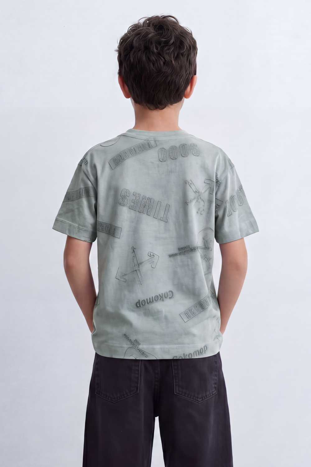 Boy's Tomato Store Night Archive T-Shirt Cloudy Wash Texture Allover Tonal Stamp Typography Scattered Body Artwork Oversized