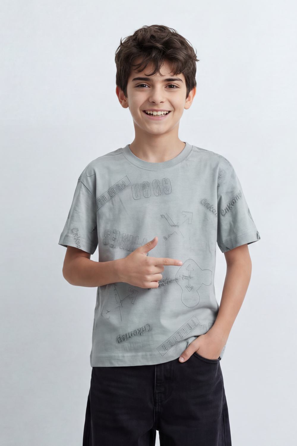 Boy's Tomato Store Night Archive T-Shirt Cloudy Wash Texture Allover Tonal Stamp Typography Scattered Body Artwork Oversized
