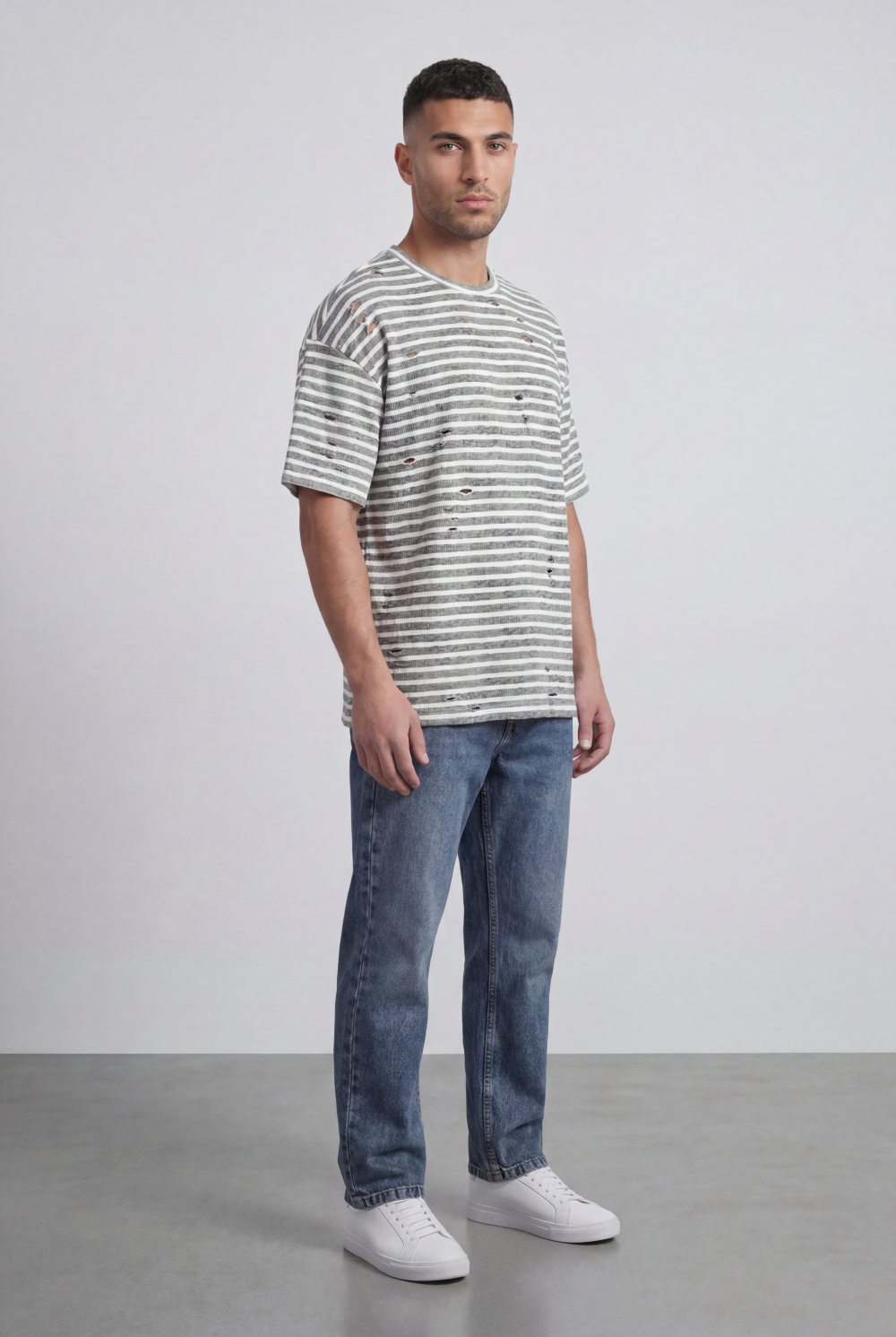Men’s Tomato Store Striped Slub T-Shirt With Washed Lines Relaxed Fit Ribbed Crew Neck
