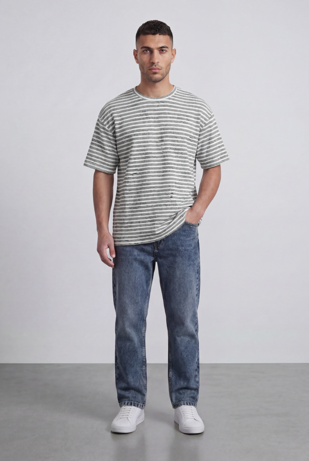 Men’s Tomato Store Striped Slub T-Shirt With Washed Lines Relaxed Fit Ribbed Crew Neck