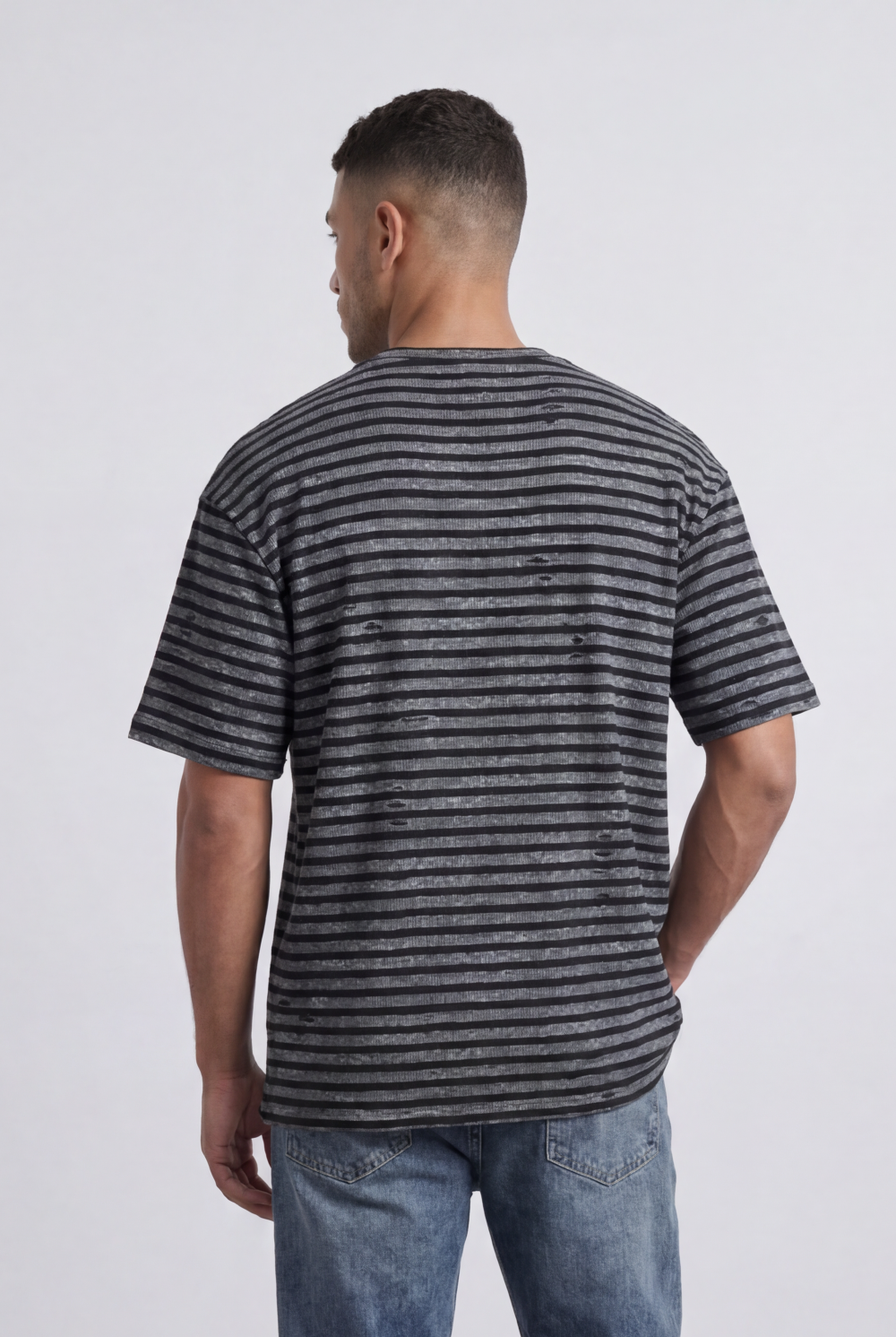 Men’s Tomato Store Striped Slub T-Shirt With Washed Lines Relaxed Fit Ribbed Crew Neck