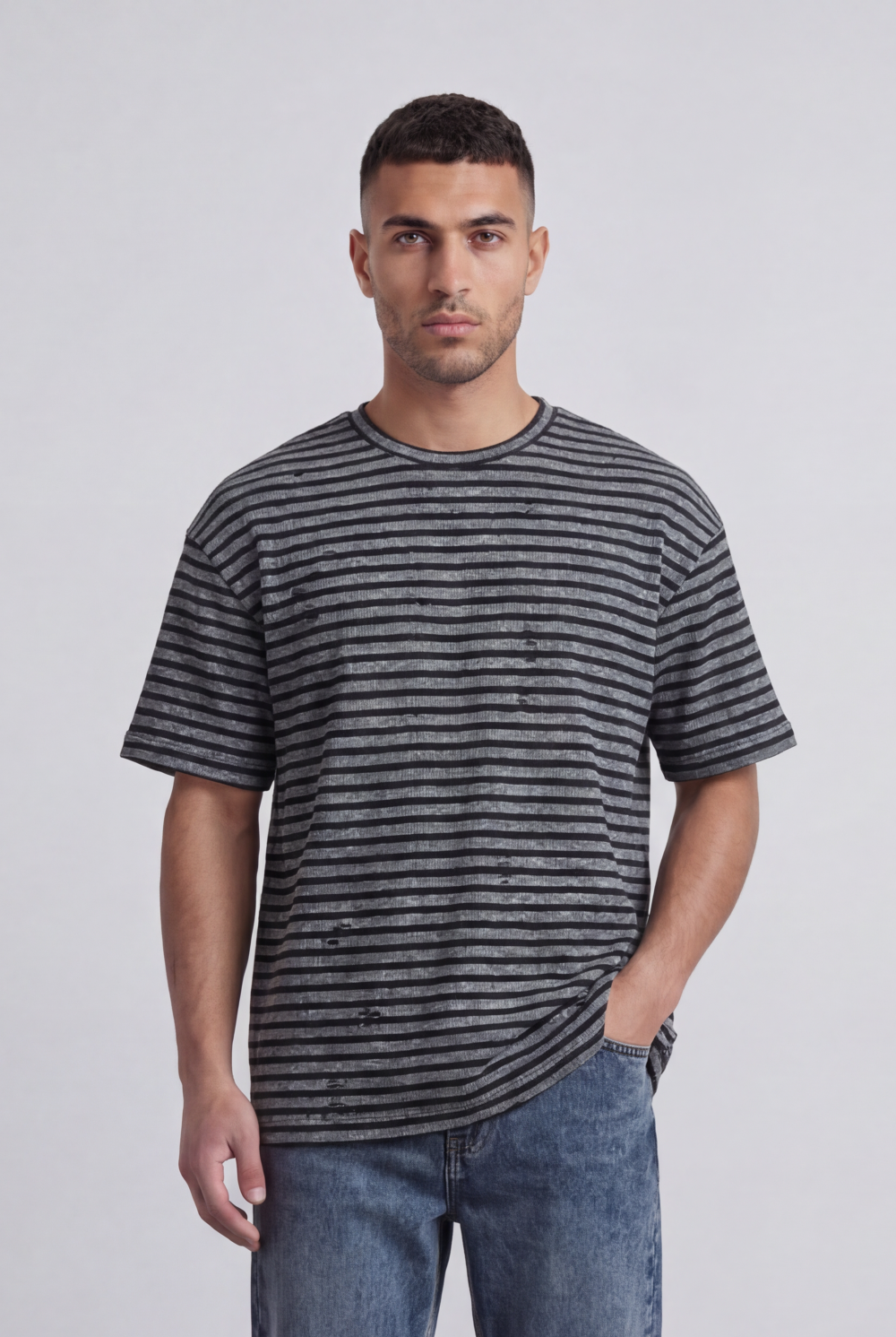 Men’s Tomato Store Striped Slub T-Shirt With Washed Lines Relaxed Fit Ribbed Crew Neck