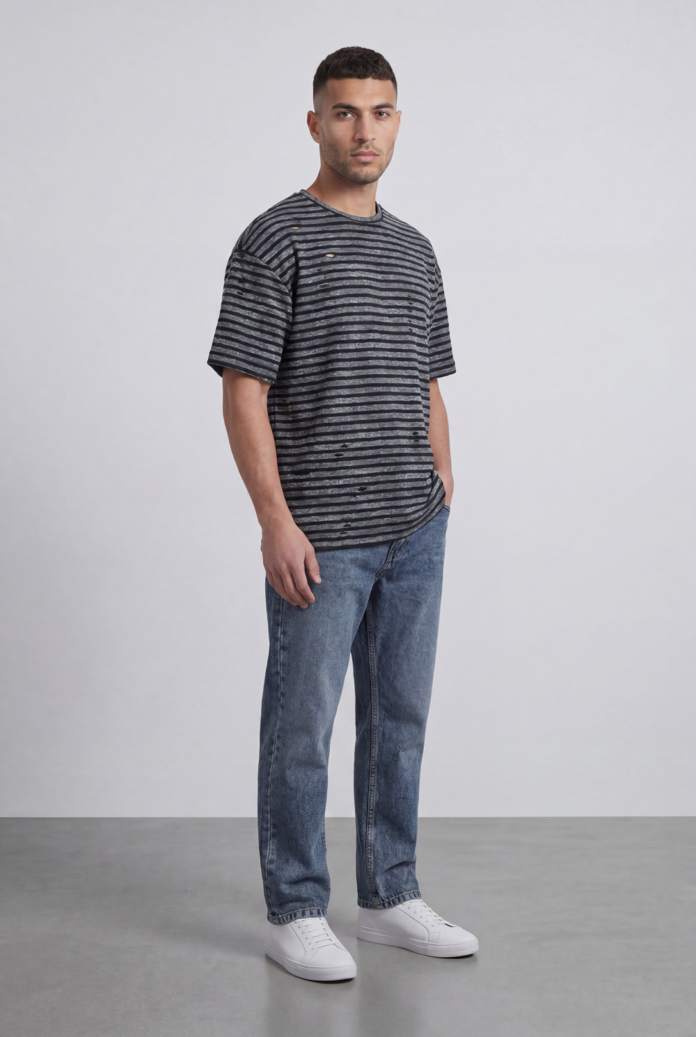 Men’s Tomato Store Striped Slub T-Shirt With Washed Lines Relaxed Fit Ribbed Crew Neck