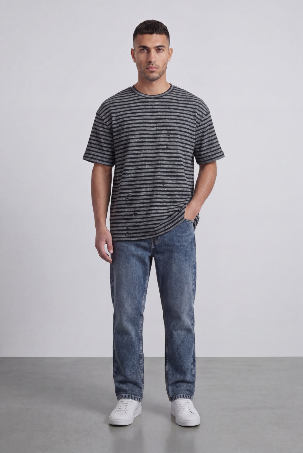 Men’s Tomato Store Striped Slub T-Shirt With Washed Lines Relaxed Fit Ribbed Crew Neck