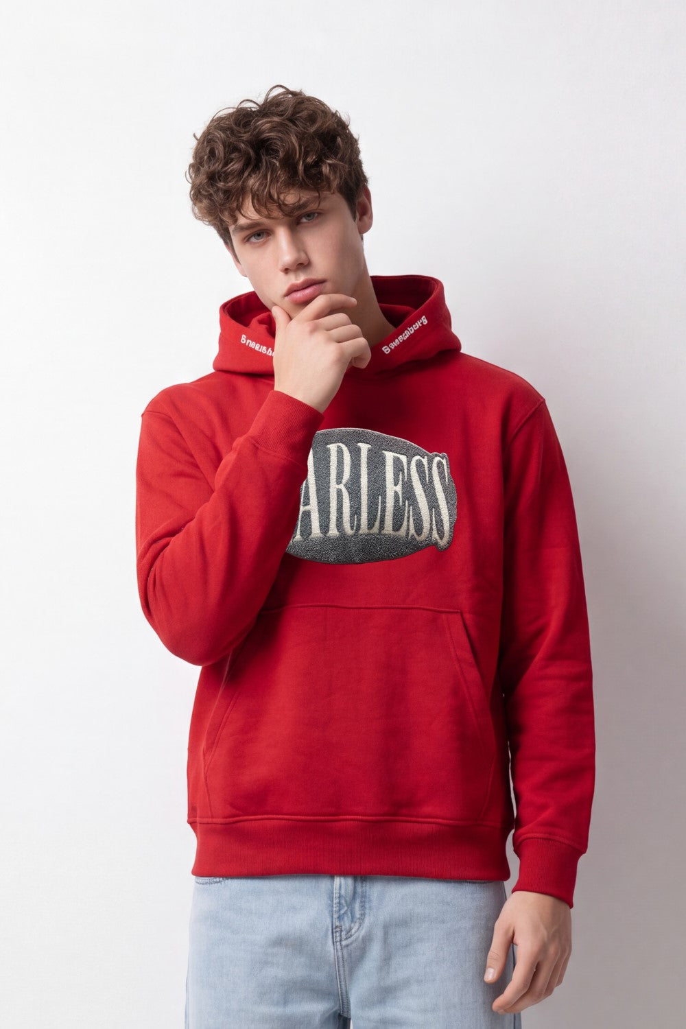 Men's Tomato Store Sweatshirt Hooded Design Fearless Chenille Front Graphic Neck Slogan Detail Box Fit