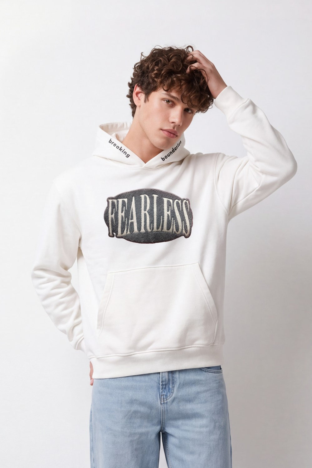 Men's Tomato Store Sweatshirt Hooded Design Fearless Chenille Front Graphic Neck Slogan Detail Box Fit