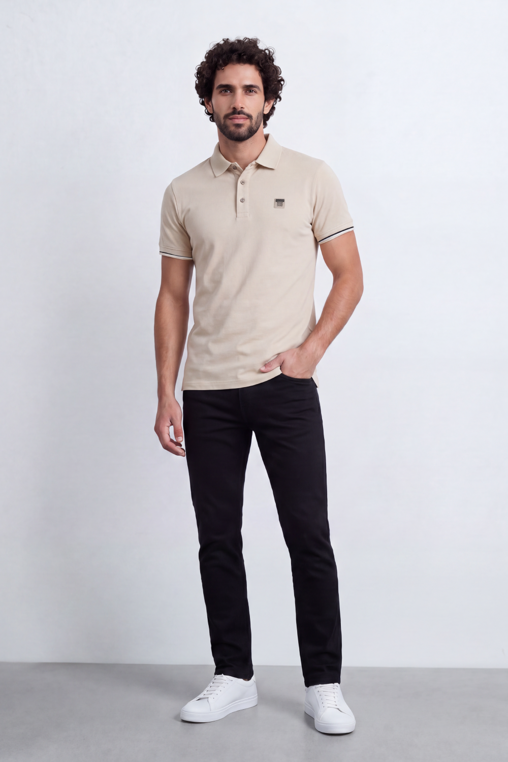 Men's Tomato Store Premium Pique Polo Slim Fit Shirt Classic Collar Contrast Tipped Cuffs Button Placket Chest Badge Detail