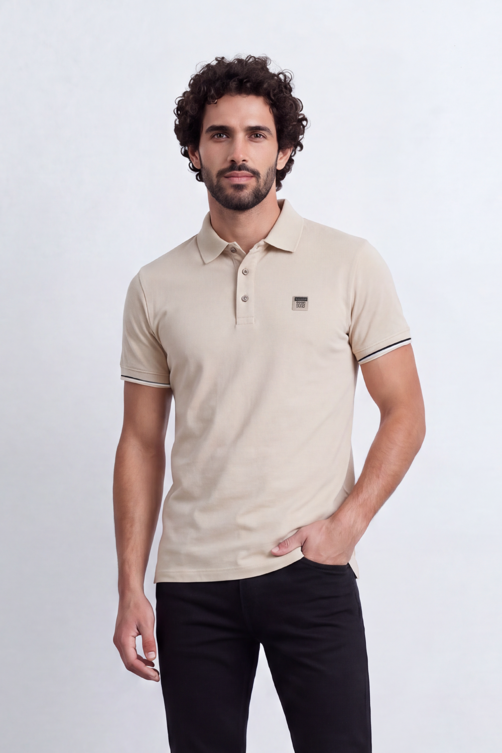 Men's Tomato Store Premium Pique Polo Slim Fit Shirt Classic Collar Contrast Tipped Cuffs Button Placket Chest Badge Detail