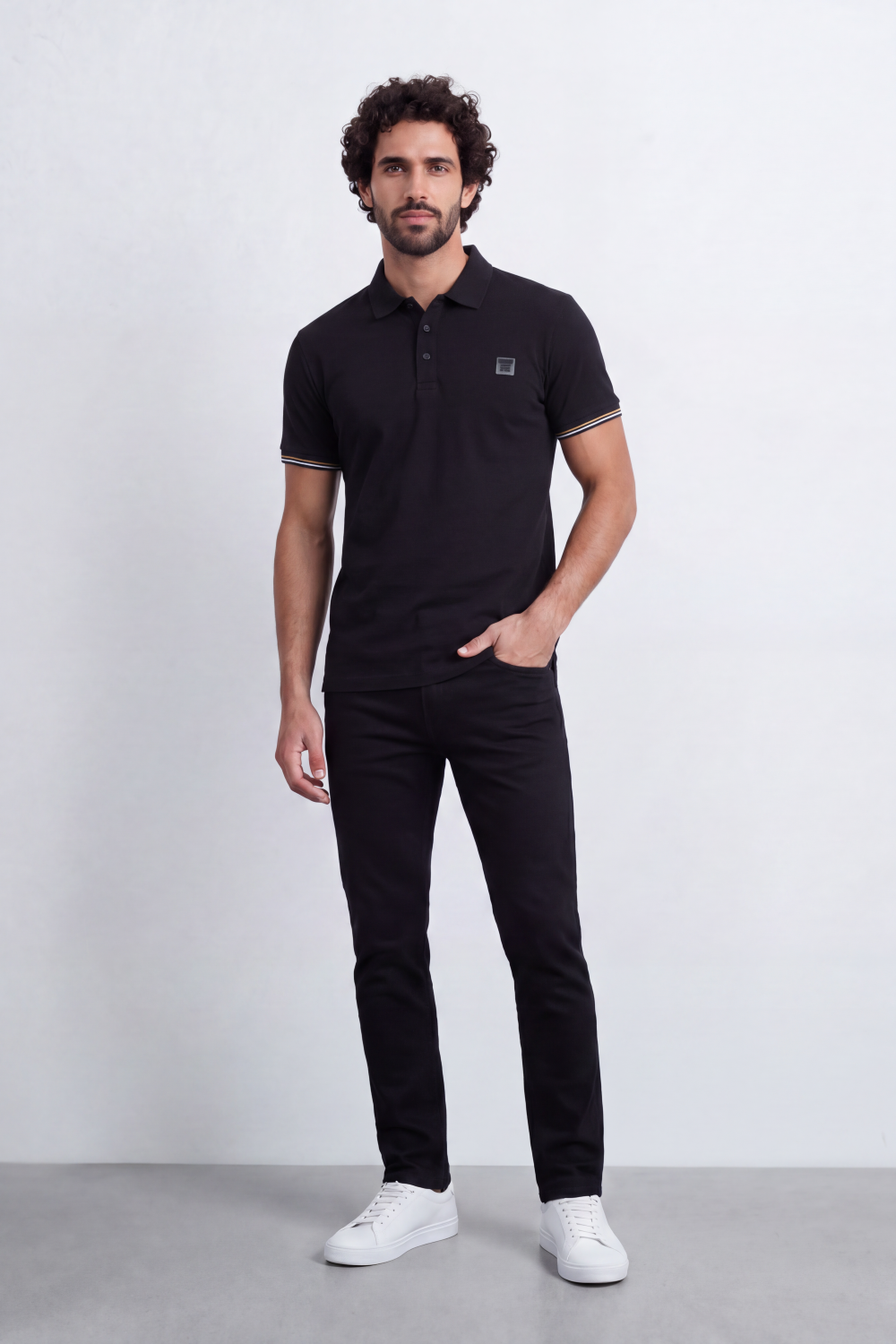 Men's Tomato Store Premium Pique Polo Slim Fit Shirt Classic Collar Contrast Tipped Cuffs Button Placket Chest Badge Detail