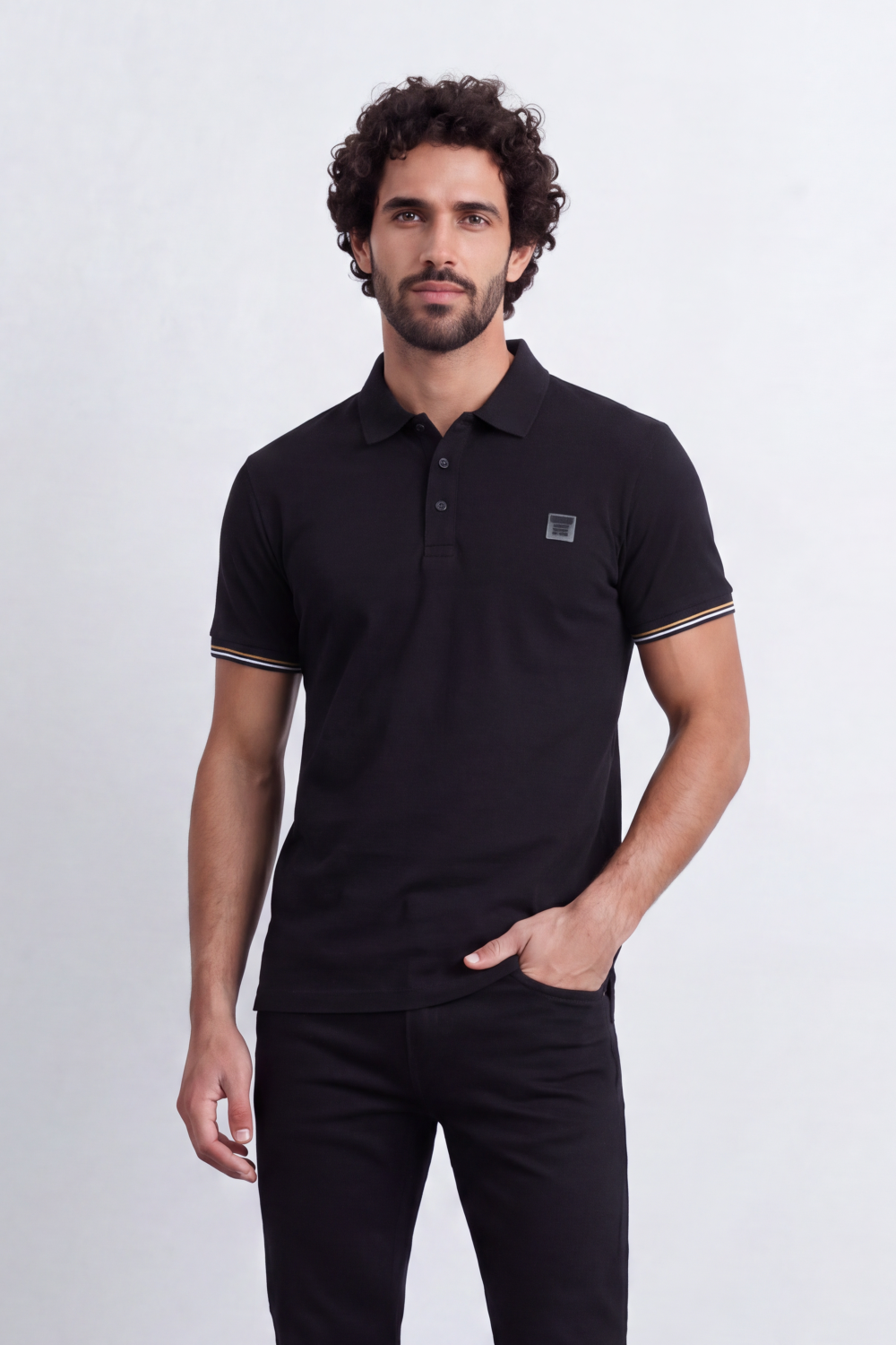 Men's Tomato Store Premium Pique Polo Slim Fit Shirt Classic Collar Contrast Tipped Cuffs Button Placket Chest Badge Detail