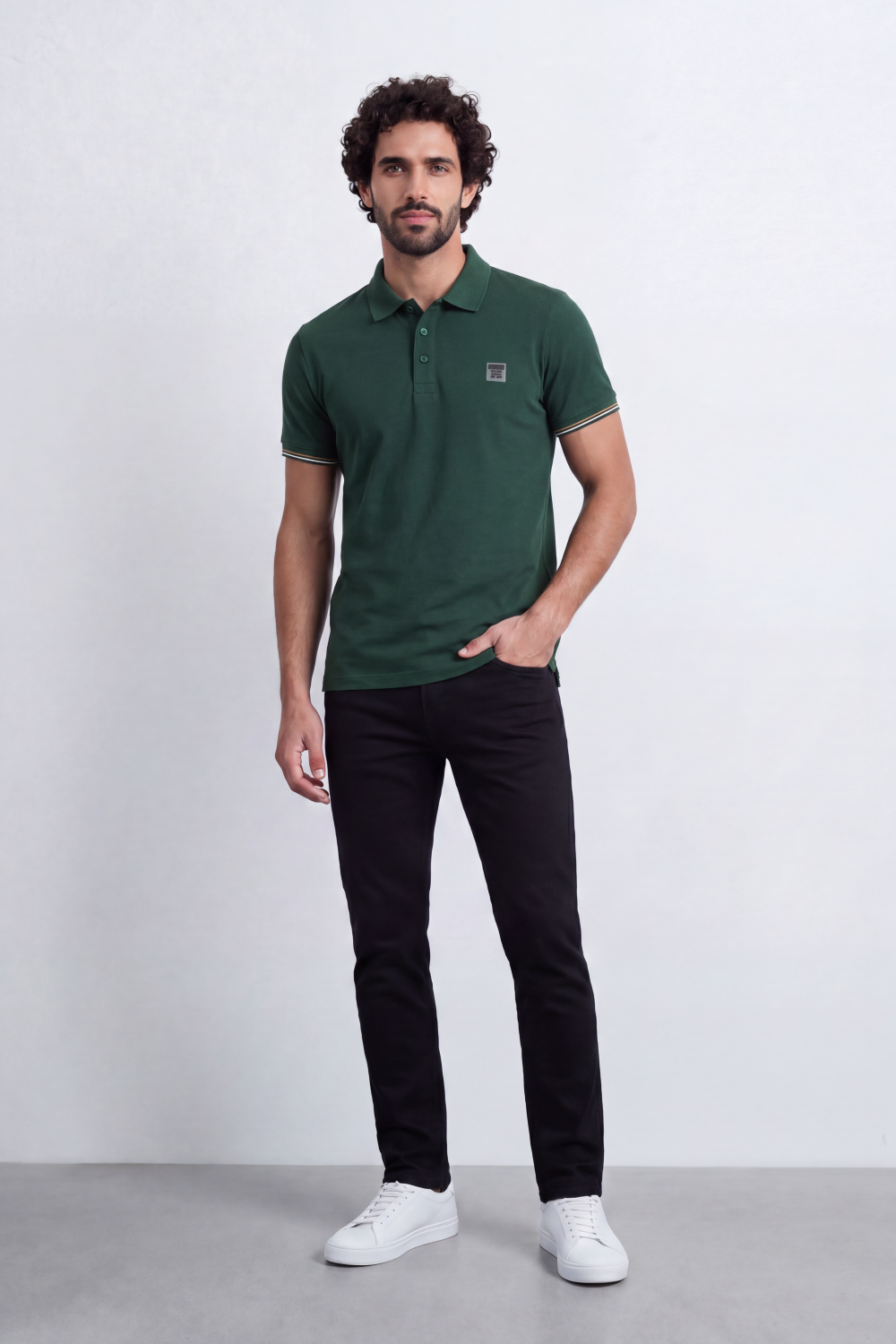 Men's Tomato Store Premium Pique Polo Slim Fit Shirt Classic Collar Contrast Tipped Cuffs Button Placket Chest Badge Detail