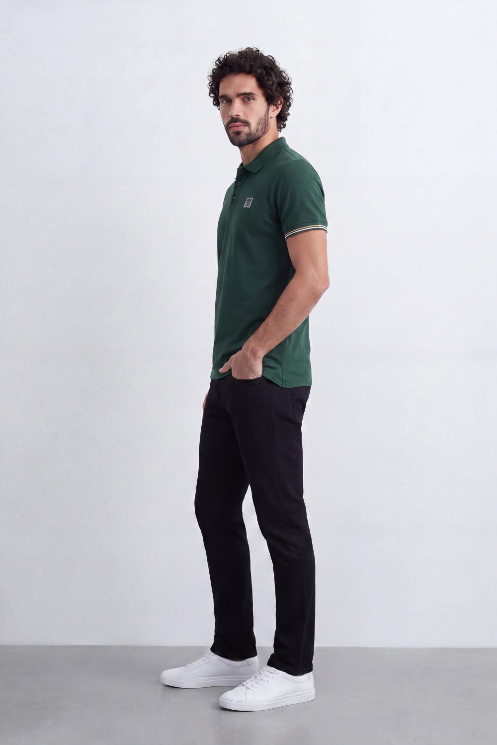 Men's Tomato Store Premium Pique Polo Slim Fit Shirt Classic Collar Contrast Tipped Cuffs Button Placket Chest Badge Detail