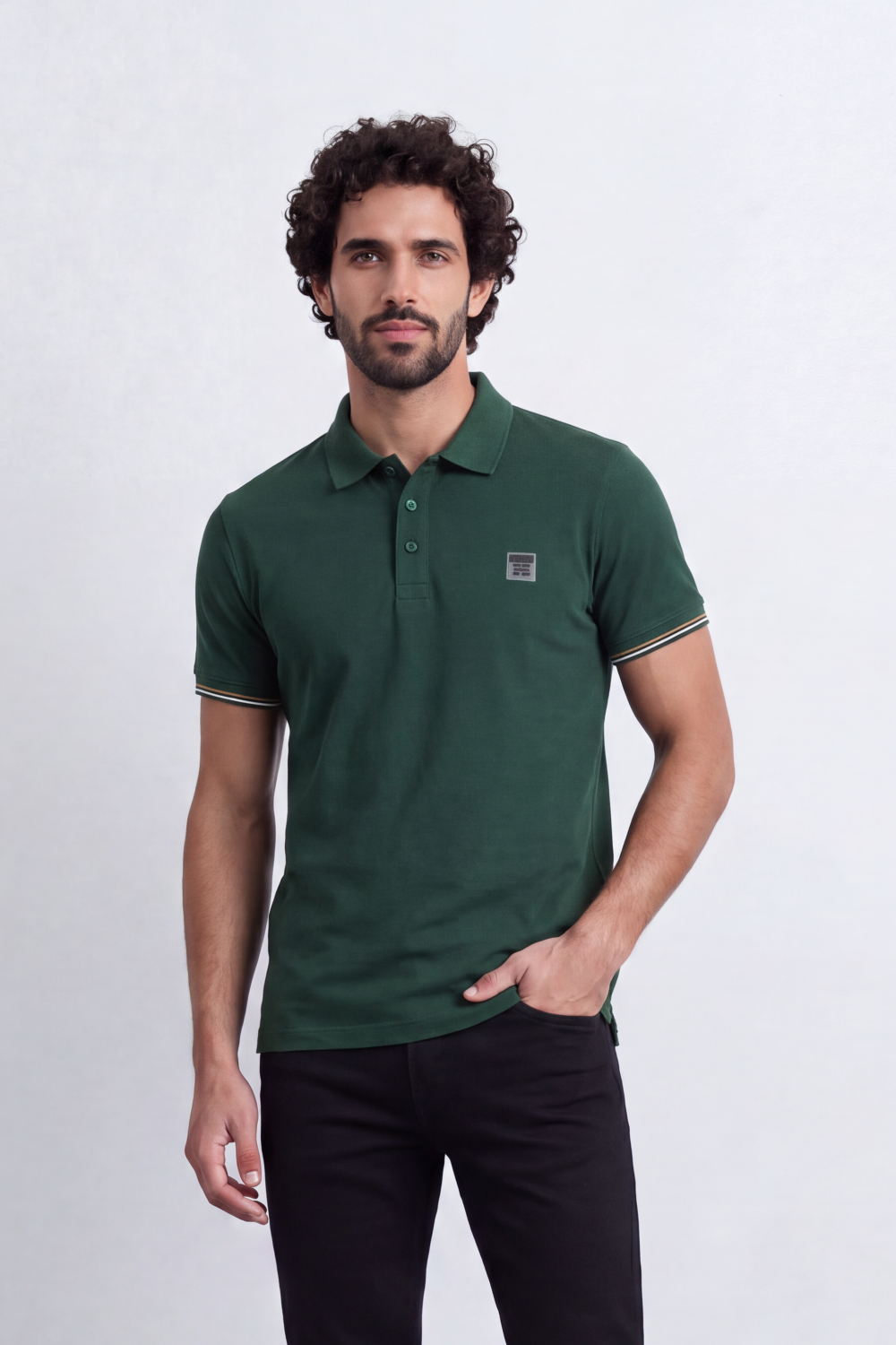 Men's Tomato Store Premium Pique Polo Slim Fit Shirt Classic Collar Contrast Tipped Cuffs Button Placket Chest Badge Detail