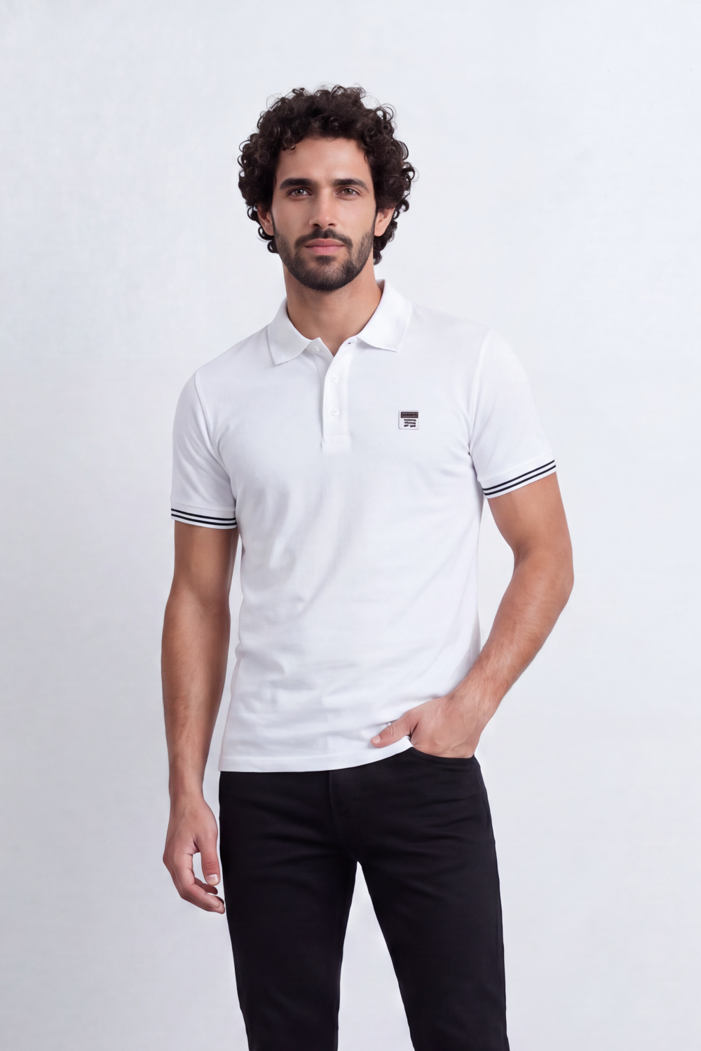 Men's Tomato Store Premium Pique Polo Slim Fit Shirt Classic Collar Contrast Tipped Cuffs Button Placket Chest Badge Detail