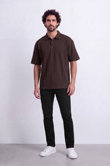 Men's Tomato Store Textured Knit Polo T-Shirt Vertical Pintuck Panel Detail Oversize