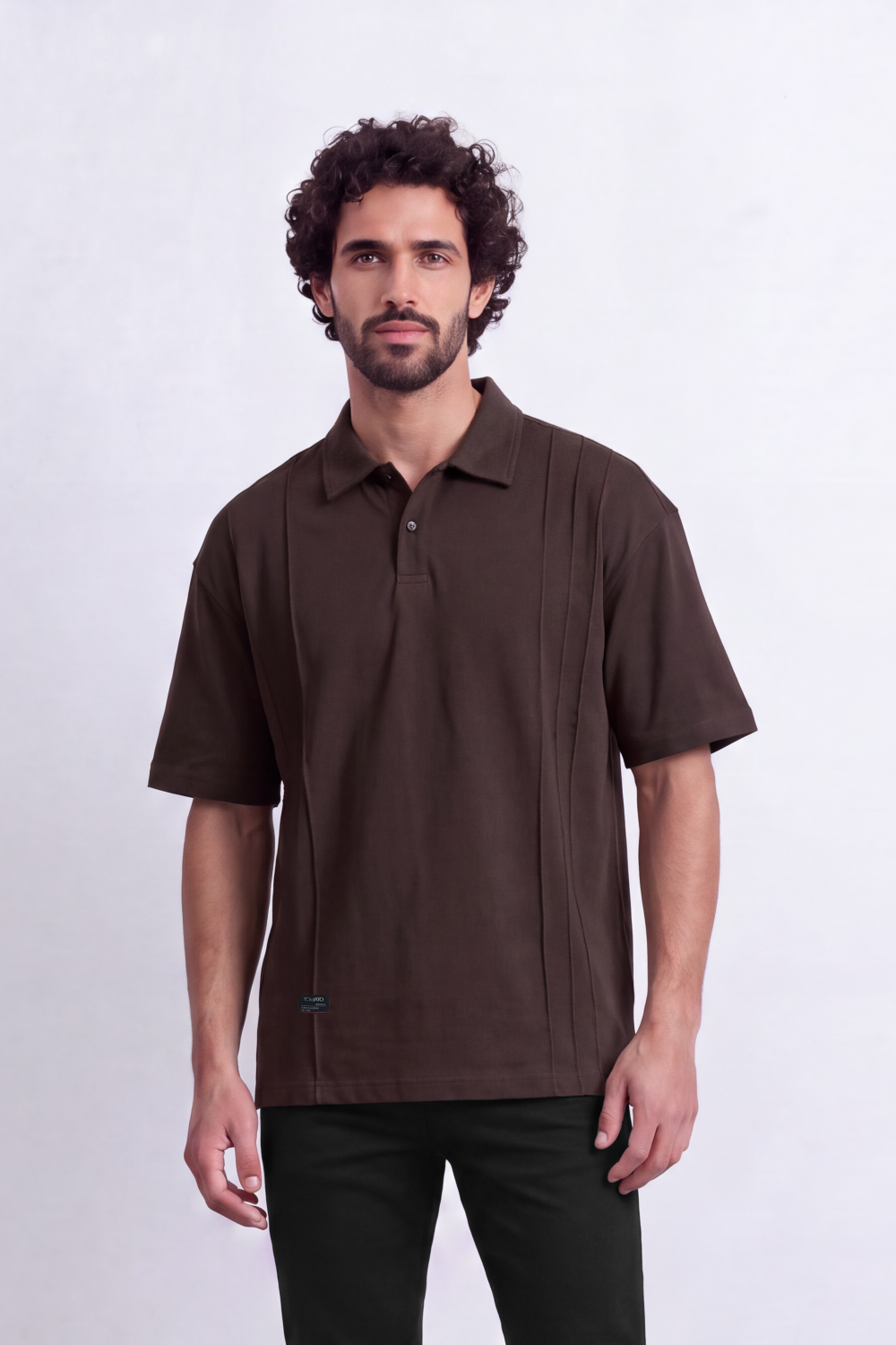 Men's Tomato Store Textured Knit Polo T-Shirt Vertical Pintuck Panel Detail Oversize