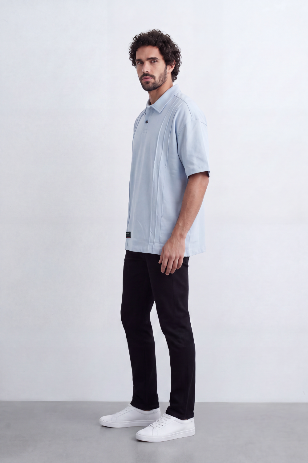 Men's Tomato Store Textured Knit Polo T-Shirt Vertical Pintuck Panel Detail Oversize