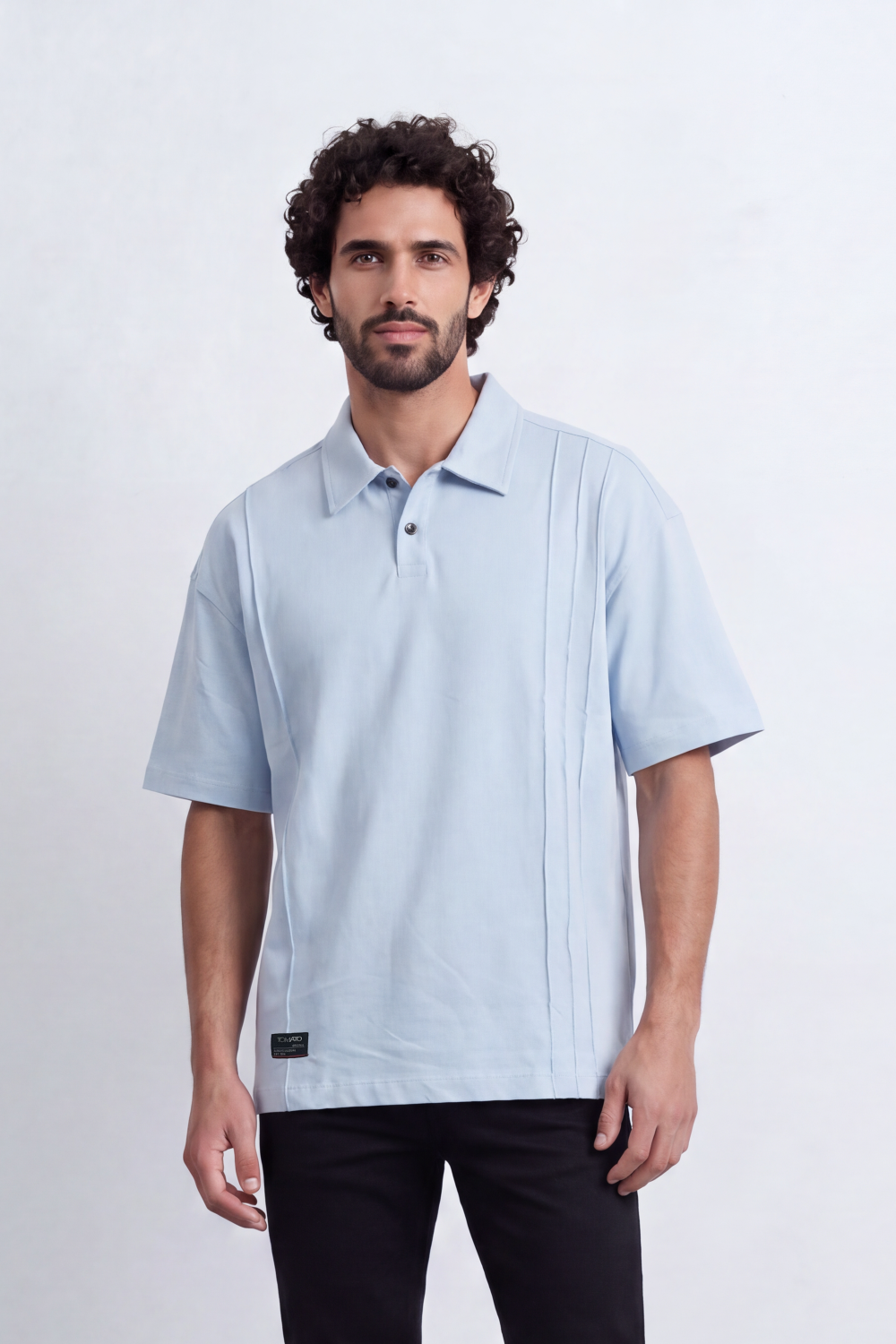Men's Tomato Store Textured Knit Polo T-Shirt Vertical Pintuck Panel Detail Oversize