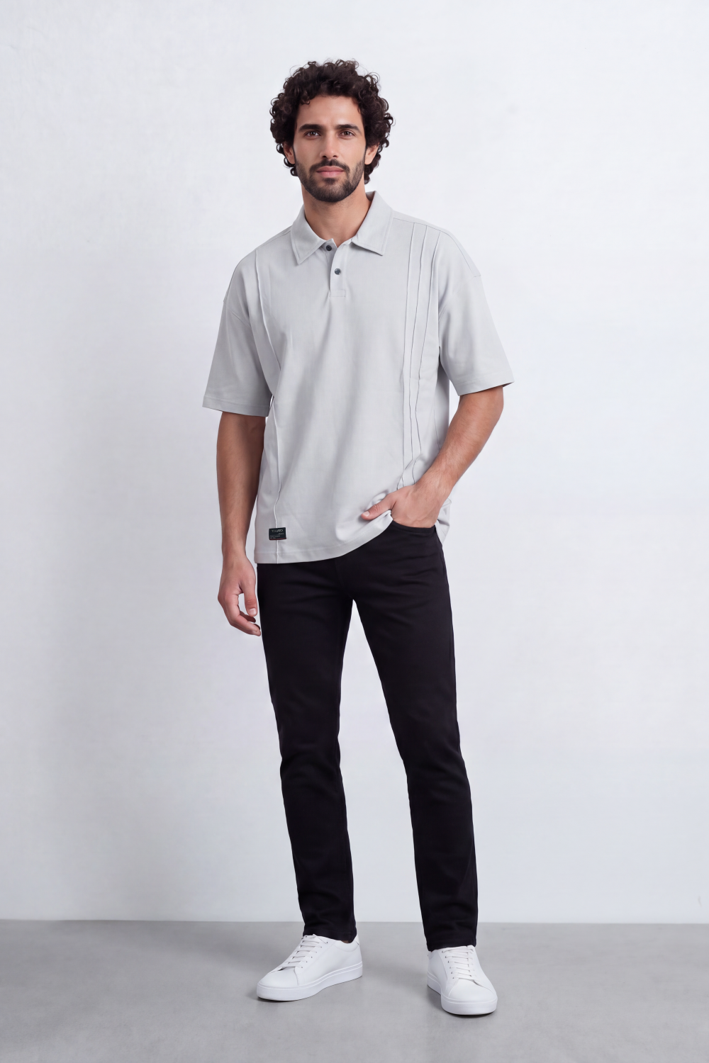 Men's Tomato Store Textured Knit Polo T-Shirt Vertical Pintuck Panel Detail Oversize